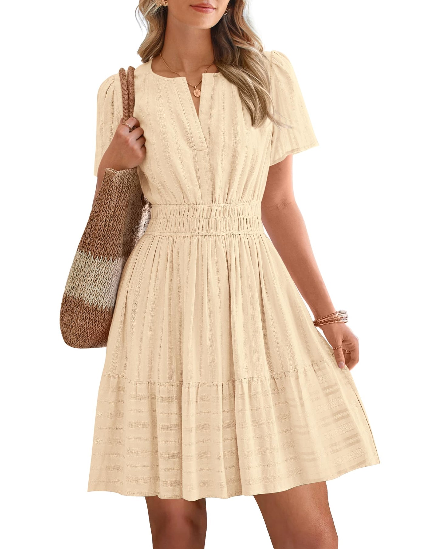 Women's Lightweight Short Sleeve V Neck Elastic Waist Mini Dress