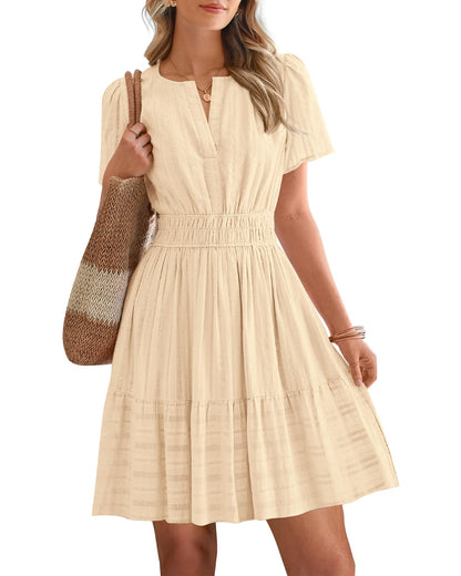 Women's Lightweight Short Sleeve V Neck Elastic Waist Mini Dress
