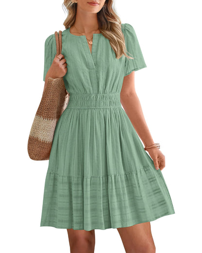Women's Lightweight Short Sleeve V Neck Elastic Waist Mini Dress