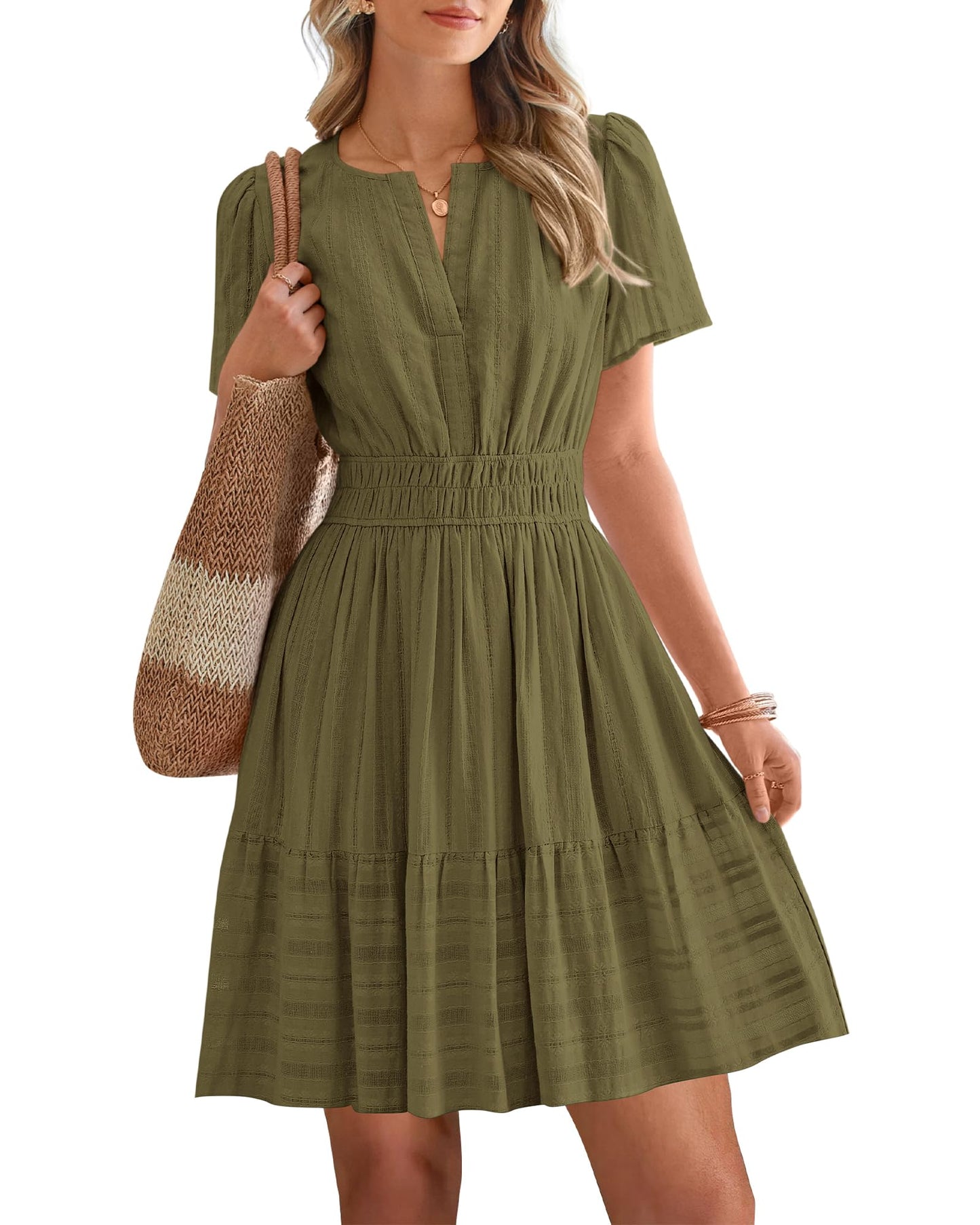 Women's Lightweight Short Sleeve V Neck Elastic Waist Mini Dress