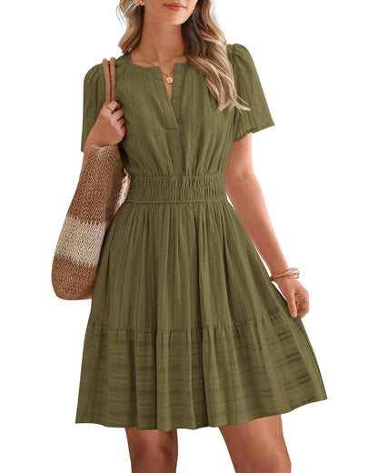 Women's Lightweight Short Sleeve V Neck Elastic Waist Mini Dress