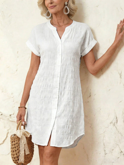 Notched V-Neck Button Down Cotton Dress