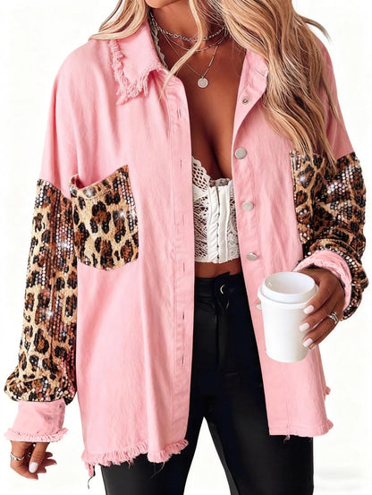 Women's Oversized Leopard Sequin Patchwork Denim Jacket