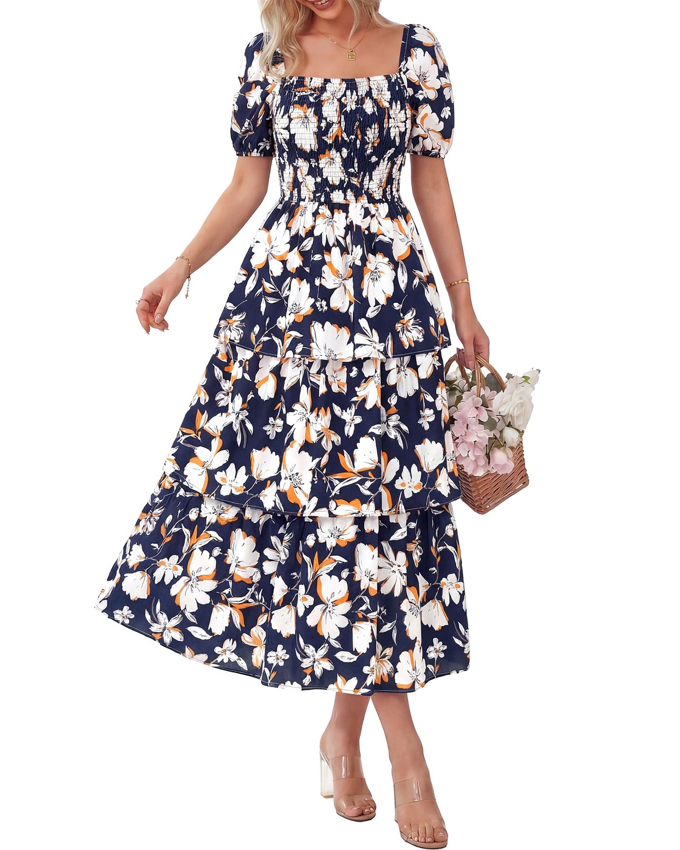 Limited time sale🔥Women's Floral Square Neck Puff Short Sleeve Smocked Tiered Dress