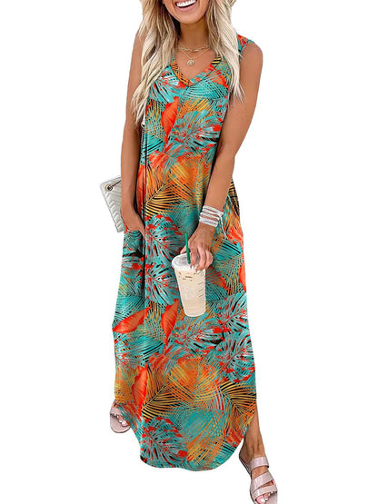 Limited time sale🔥Women's Boho Print V Neck Split Tank Long Dress with Pockets