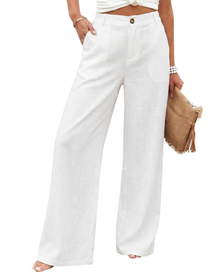 Women's Cotton Linen Casual Button Up Wide Leg Pants