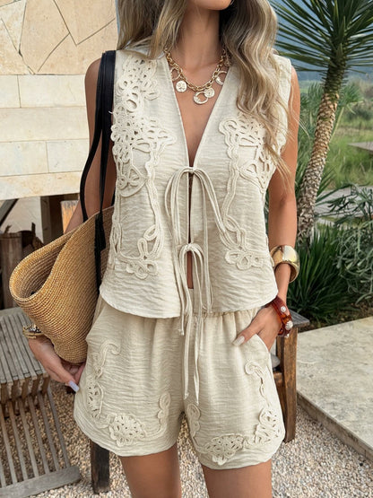 Women's V Neck Lace-Up Sleeveless Crop Top & Shorts Set