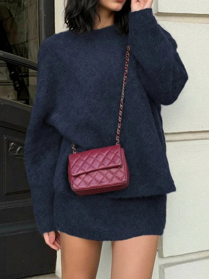 Women Knitted Sweater Set Crew Neck Long Sleeve Pullover With Midi Skirt