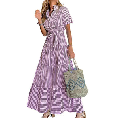 Limited time sale🔥Women Button Down Striped Dress Lapel Collar Short Sleeve Dresses
