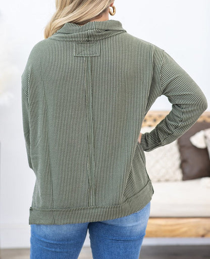 Ribbed Cowl Neck Long Sleeve Knit Top