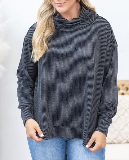 Ribbed Cowl Neck Long Sleeve Knit Top