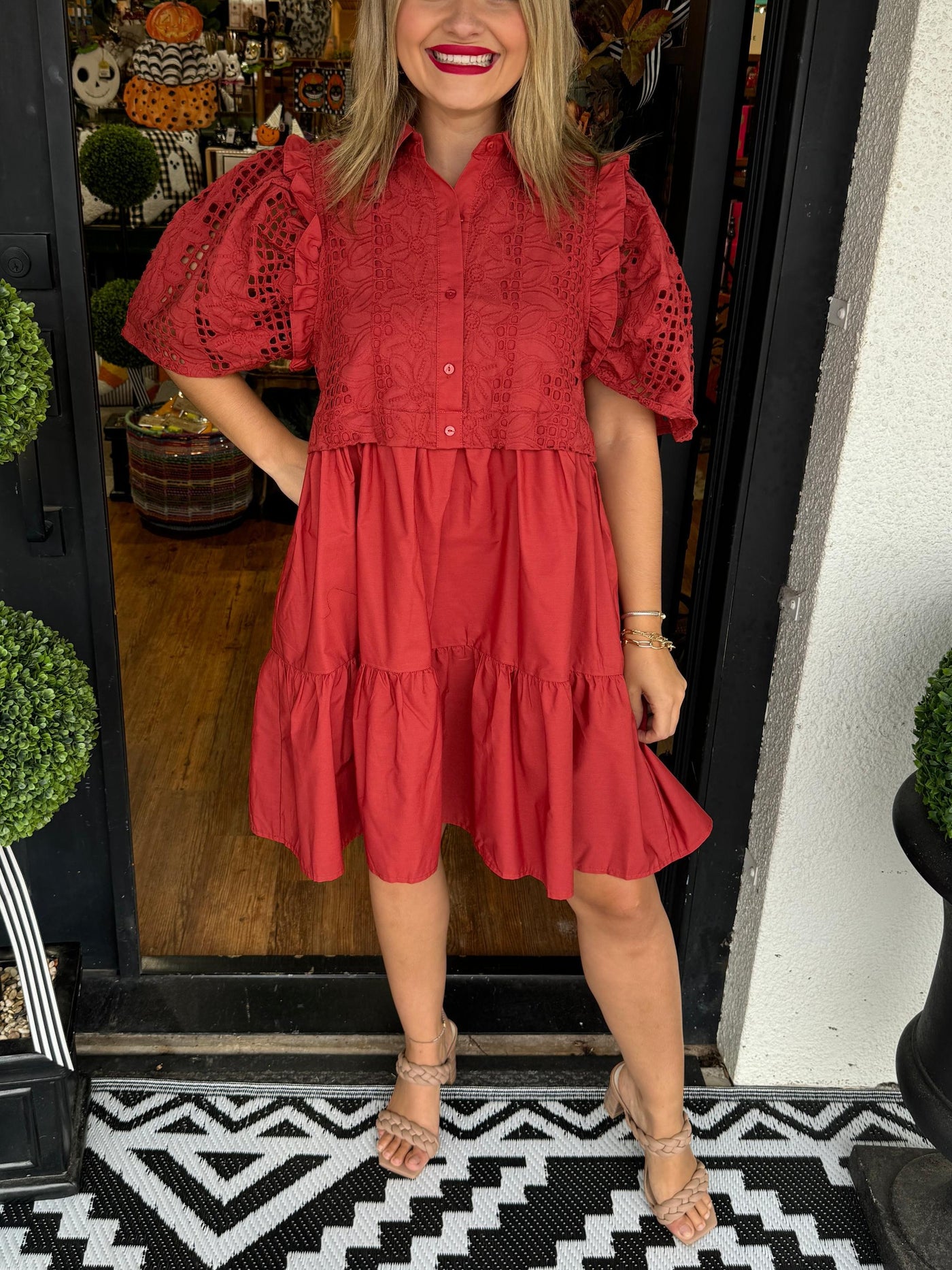 ✨Eyelet Detail Puff Sleeve Dress