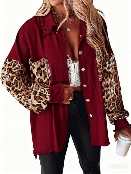 Women's Oversized Leopard Sequin Patchwork Denim Jacket