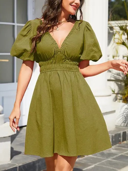 Women's V-Neck Puff Sleeve Smocked Waist Mini Dress