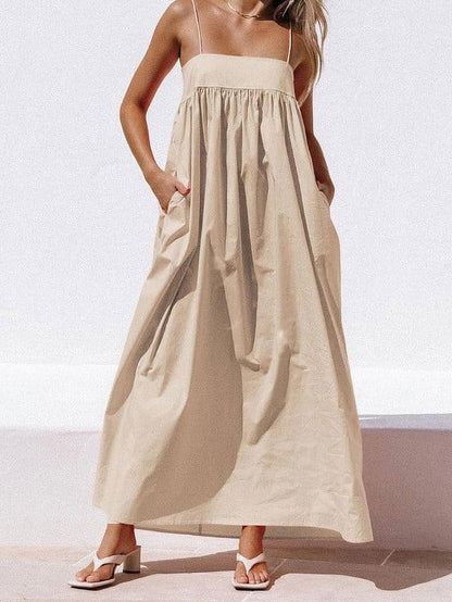 Women's Summer Backless Tied Spaghetti Straps Casual  Cutout Maxi Dress with Pockets