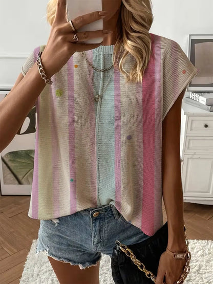 Women's Crew Neck Drop-shoulder Loose Fit Contrast Splicing Print Knit Top