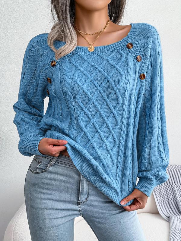 Women's Solid Textured Fake Buttons Raglan Sleeve Sweater