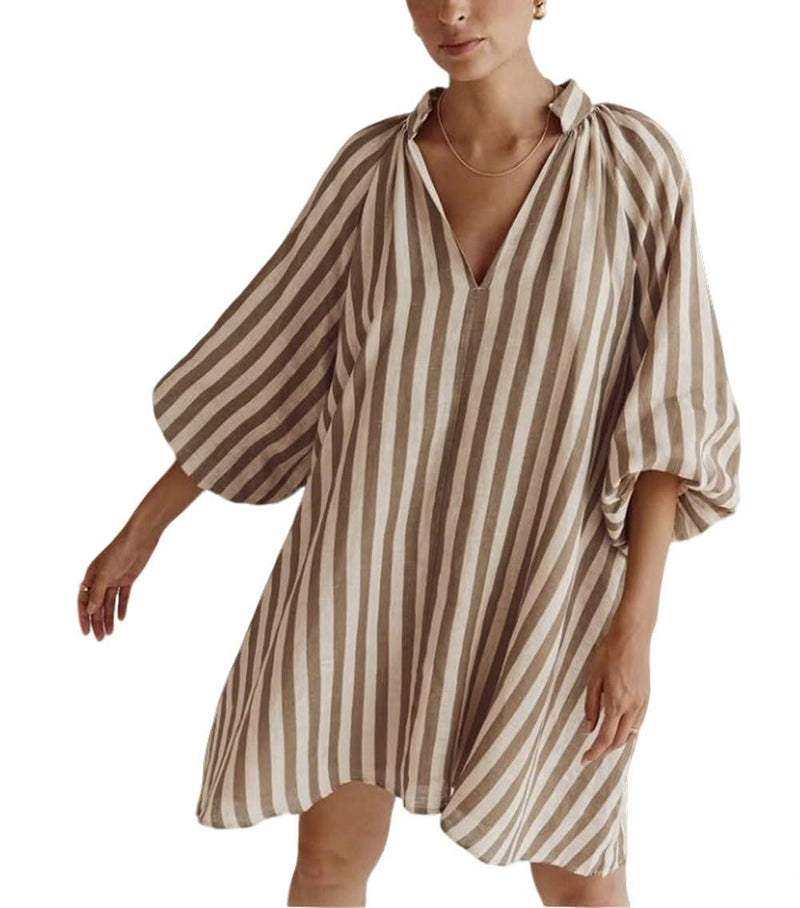 Women Mini Dress Summer Striped Beach Vacation 3/4 Sleeve Boho Chic Dress