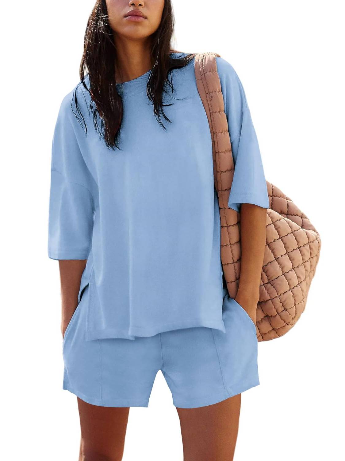 Women's Casual Solid Color Suit with Slit Top and Shorts