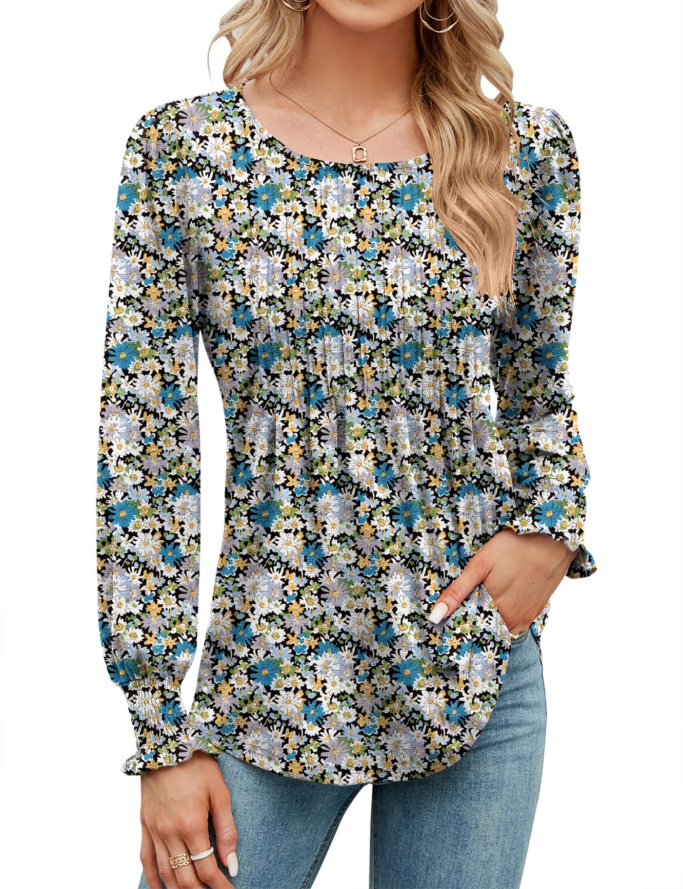 ✨Puff Long Sleeve Pleated Crew Neck Tunic Top