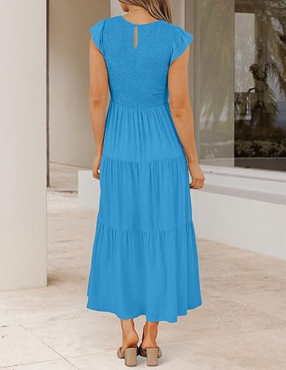 ✨Women's 2025 Summer Casual Flutter Short Sleeve Crew Neck Smocked Elastic Waist Tiered Midi Dress