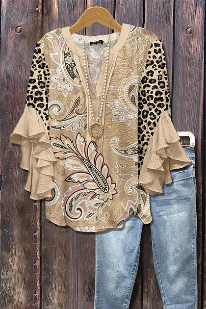 Women's Mixed Floral Print Ruffle Bell Sleeve Top