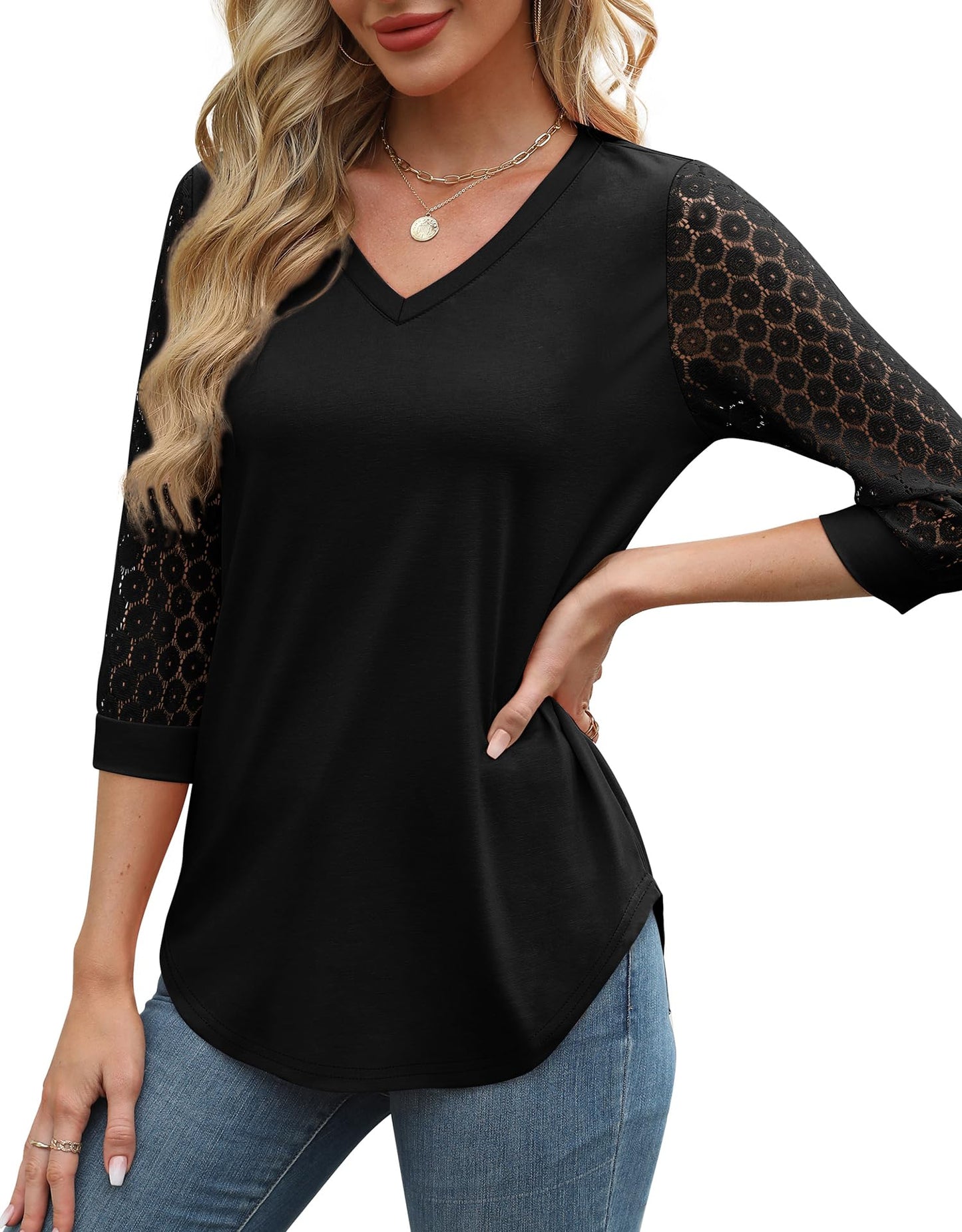 Womens 3/4 Length Sleeve V-Neck Lace Tunic Tops Business Casual Blouses