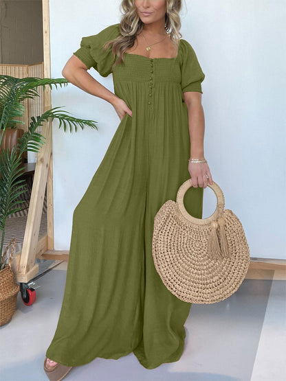 Hot Sale 2024 New Square Neckline Jumpsuit with Smocked Bodice Button (Buy 2 Free Shipping)