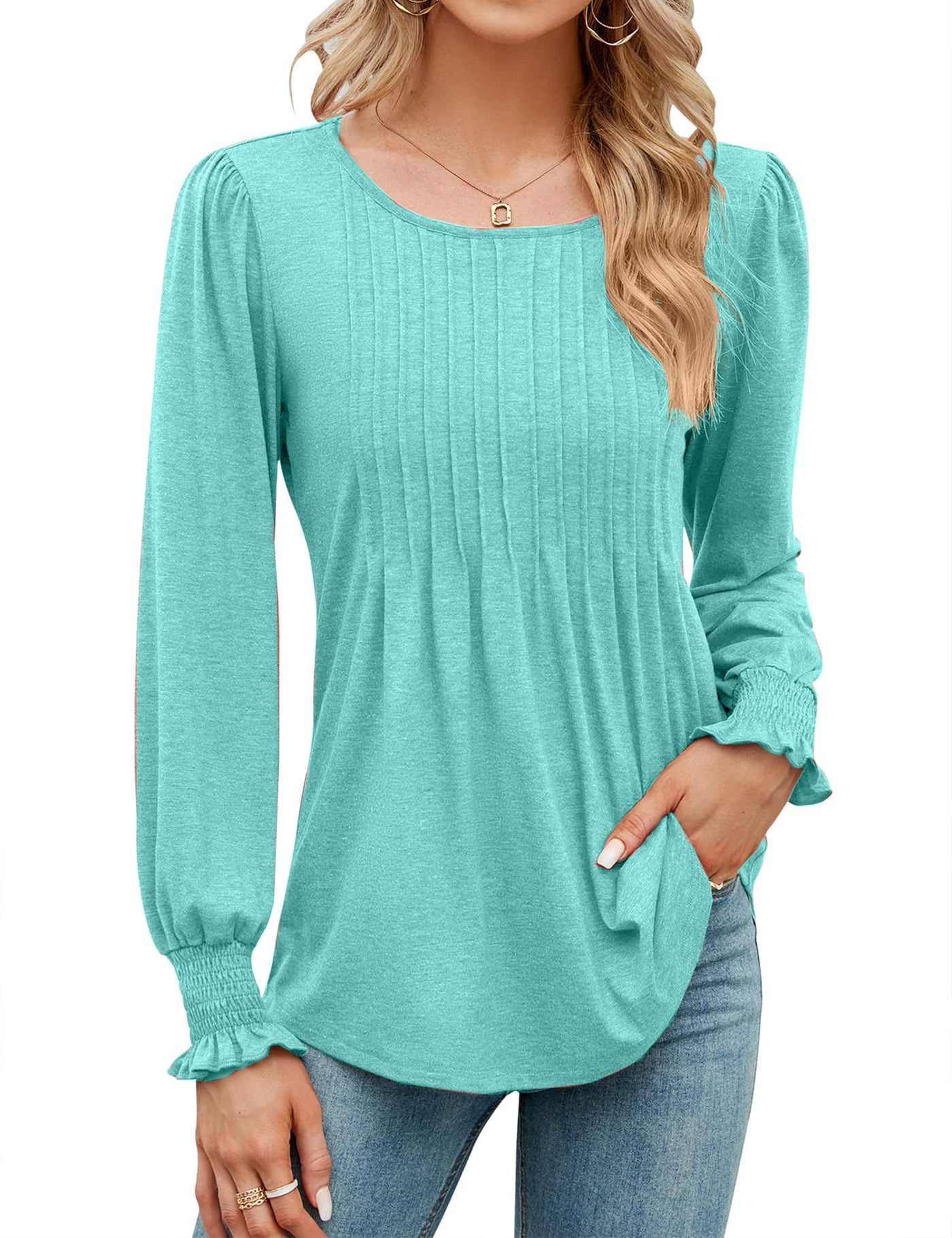 ✨Fall New Women's Pleated Puff Long Sleeve Tunic Tops