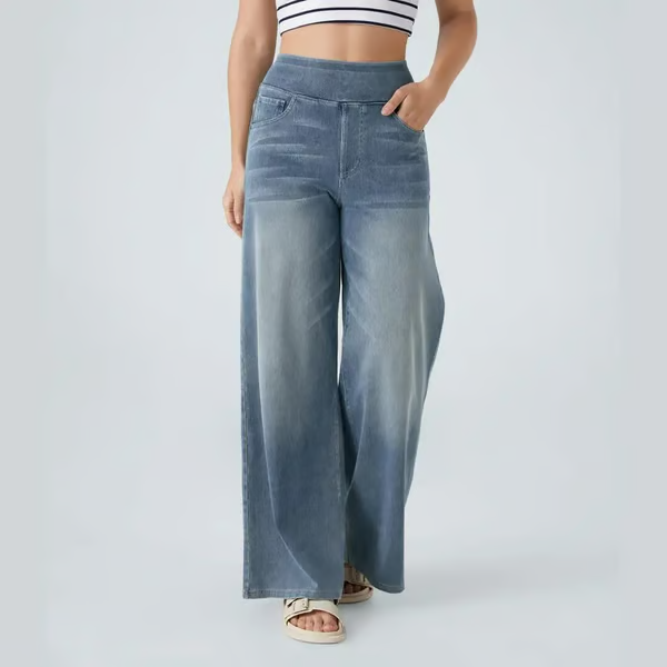 Women's High-Waisted Washed Baggy Wide-Leg Stretchy Knit Jeans with Multiple Pockets