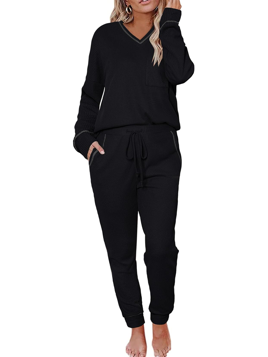 ✨V Neck Waffle Knit Sleepwear Top and Pant Lounge Sets