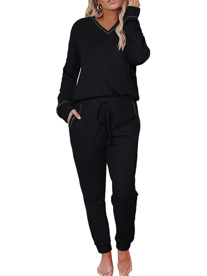 ✨V Neck Waffle Knit Sleepwear Top and Pant Lounge Sets