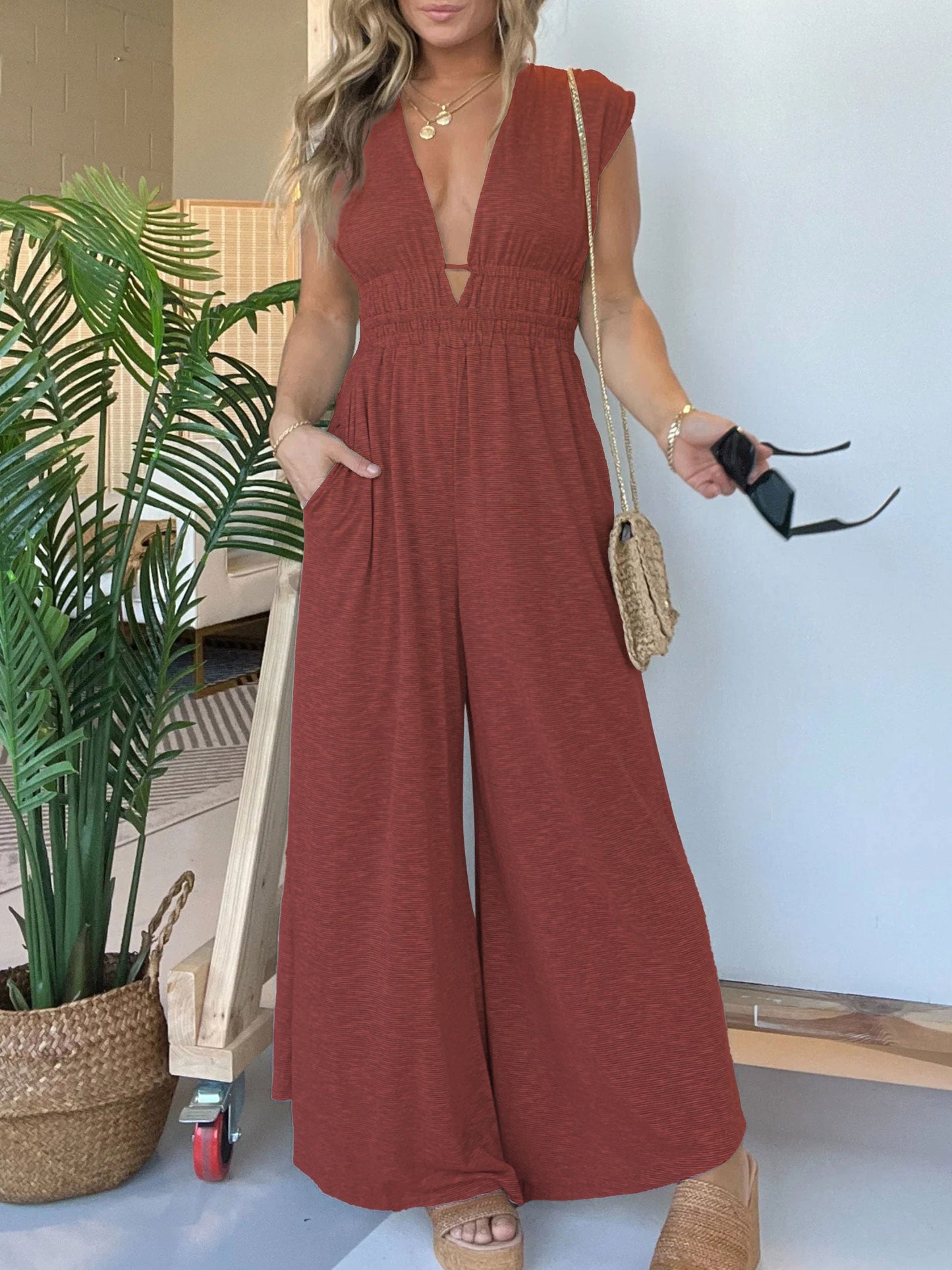 Women's Deep V Hi Lo Hem Jumpsuit (Buy 2 Free Shipping)