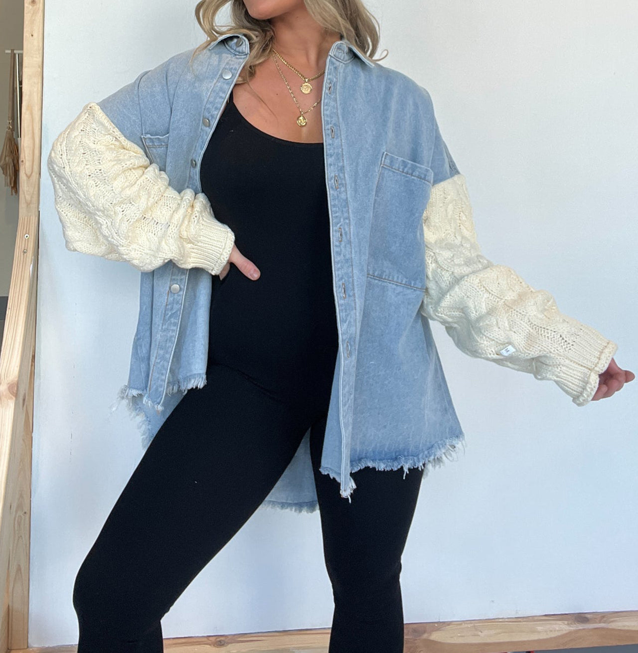 Cozy Sweater Sleeve Denim Shacket (Buy 2 Free Shipping)