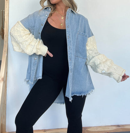 Cozy Sweater Sleeve Denim Shacket (Buy 2 Free Shipping)