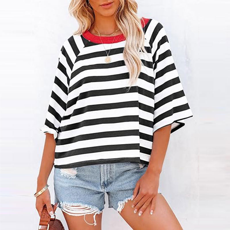 Women Summer Striped  Color Blocking T Shirts Tee