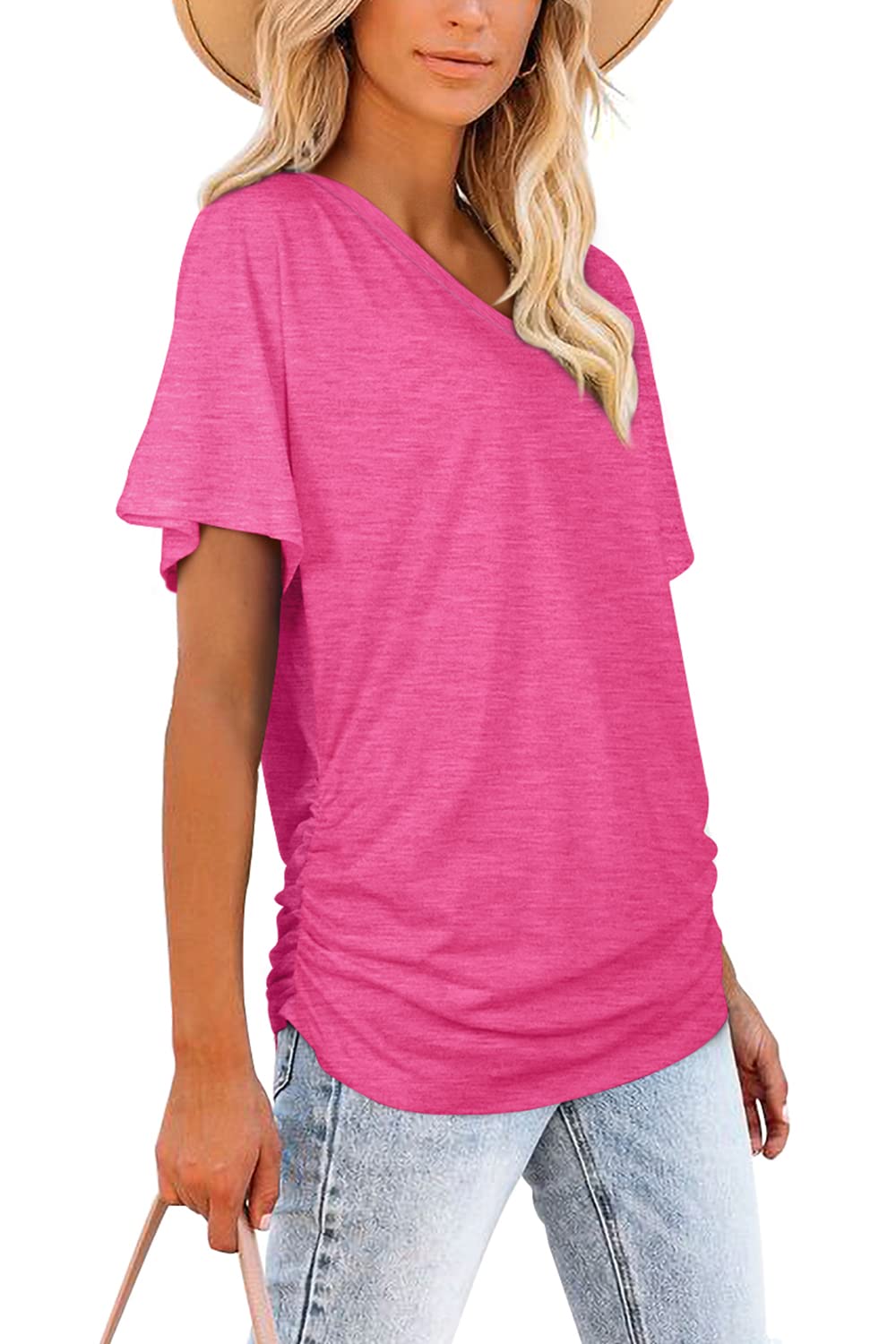 Women's Short Sleeve V Neck Dolman Tops with Side Pleats