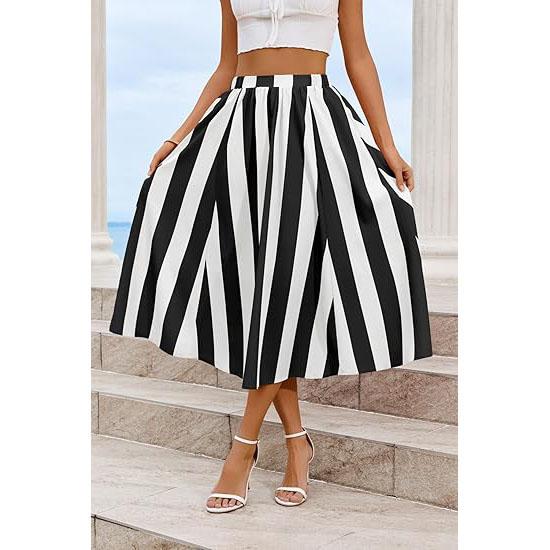 Women's Striped Elastic Waist A-Line Maxi Skirt