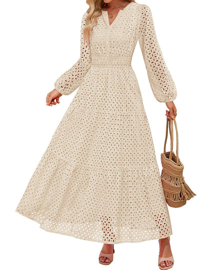 Women's 2026 V Neck Hollow Out Eyelet A Line Long Flowy Dresses