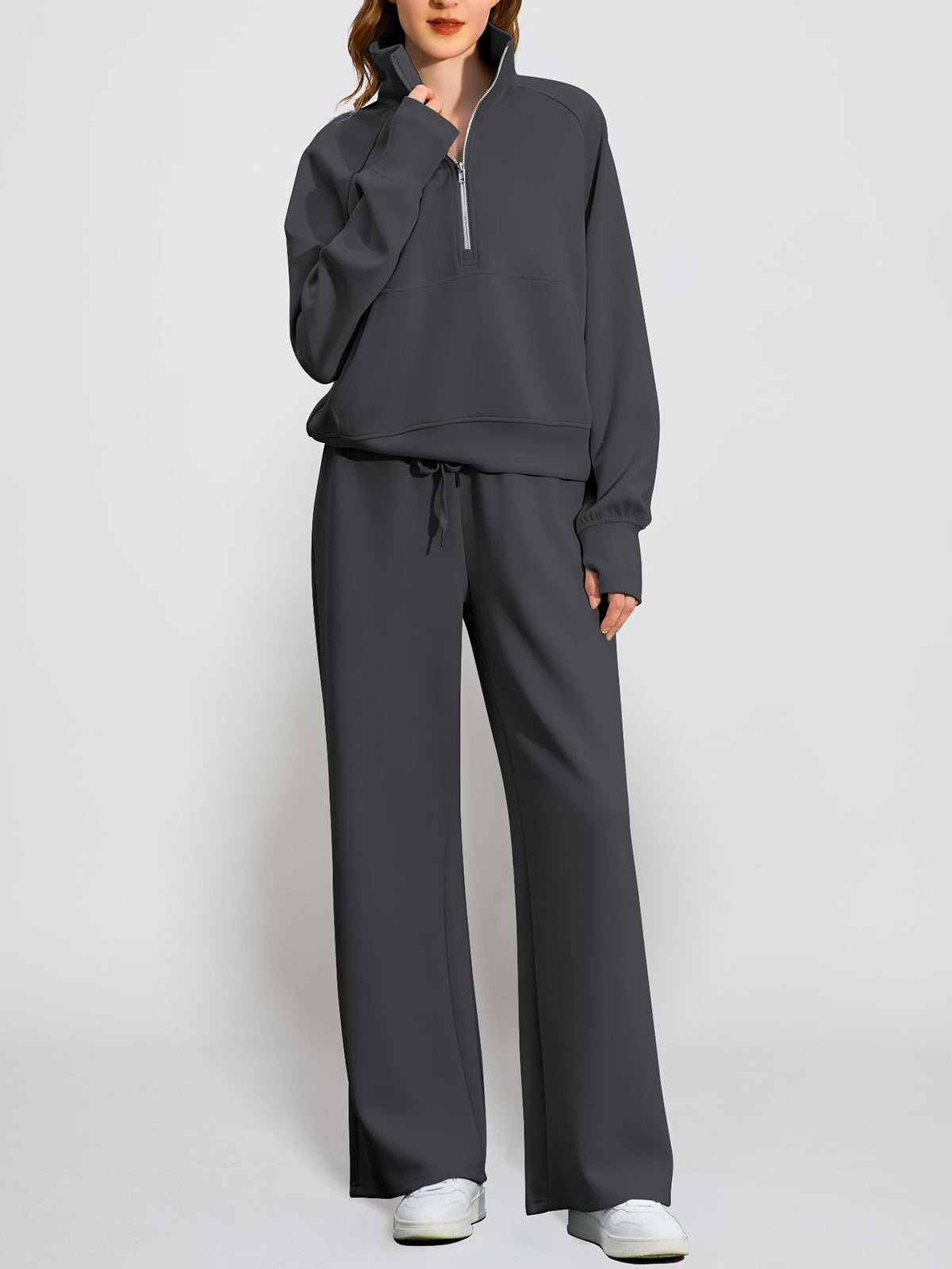 Women's Oversized Half Zip Wide Leg 2 Piece Outfits Lounge Set