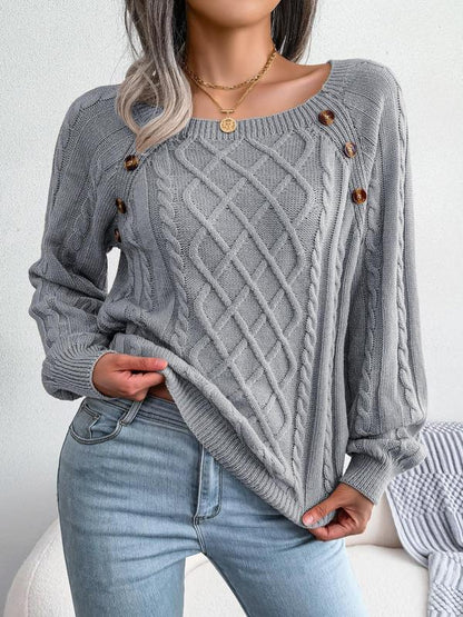 Women's Solid Textured Fake Buttons Raglan Sleeve Sweater