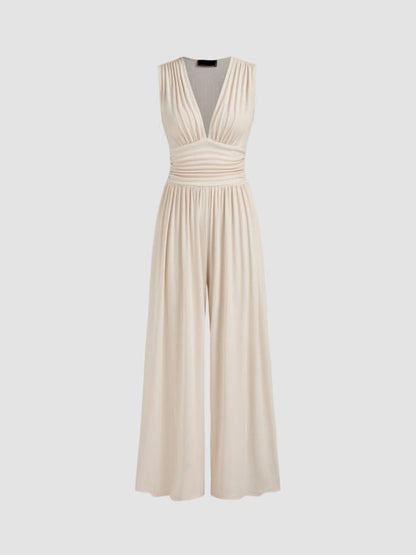 V-neck Ruched Solid Wide Leg Jumpsuit
