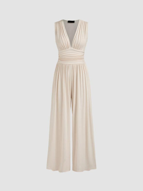 V-neck Ruched Solid Wide Leg Jumpsuit