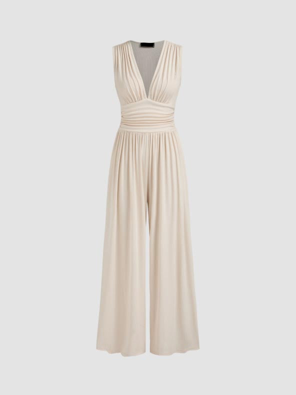V-neck Ruched Solid Wide Leg Jumpsuit