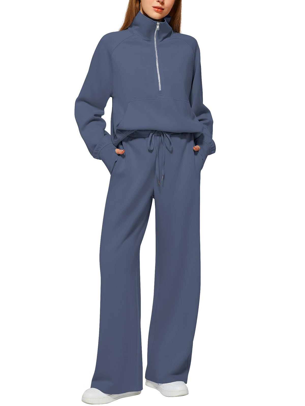 Women's Oversized Half Zip Wide Leg 2 Piece Outfits Lounge Set