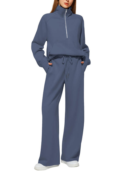 Women's Oversized Half Zip Wide Leg 2 Piece Outfits Lounge Set
