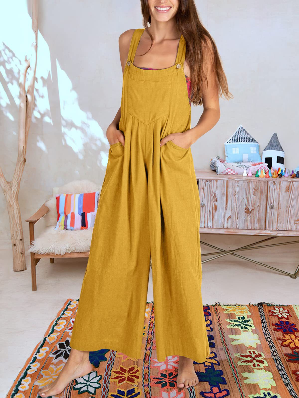 Women's Sleeveless Wide Leg Jumpsuit with Pockets