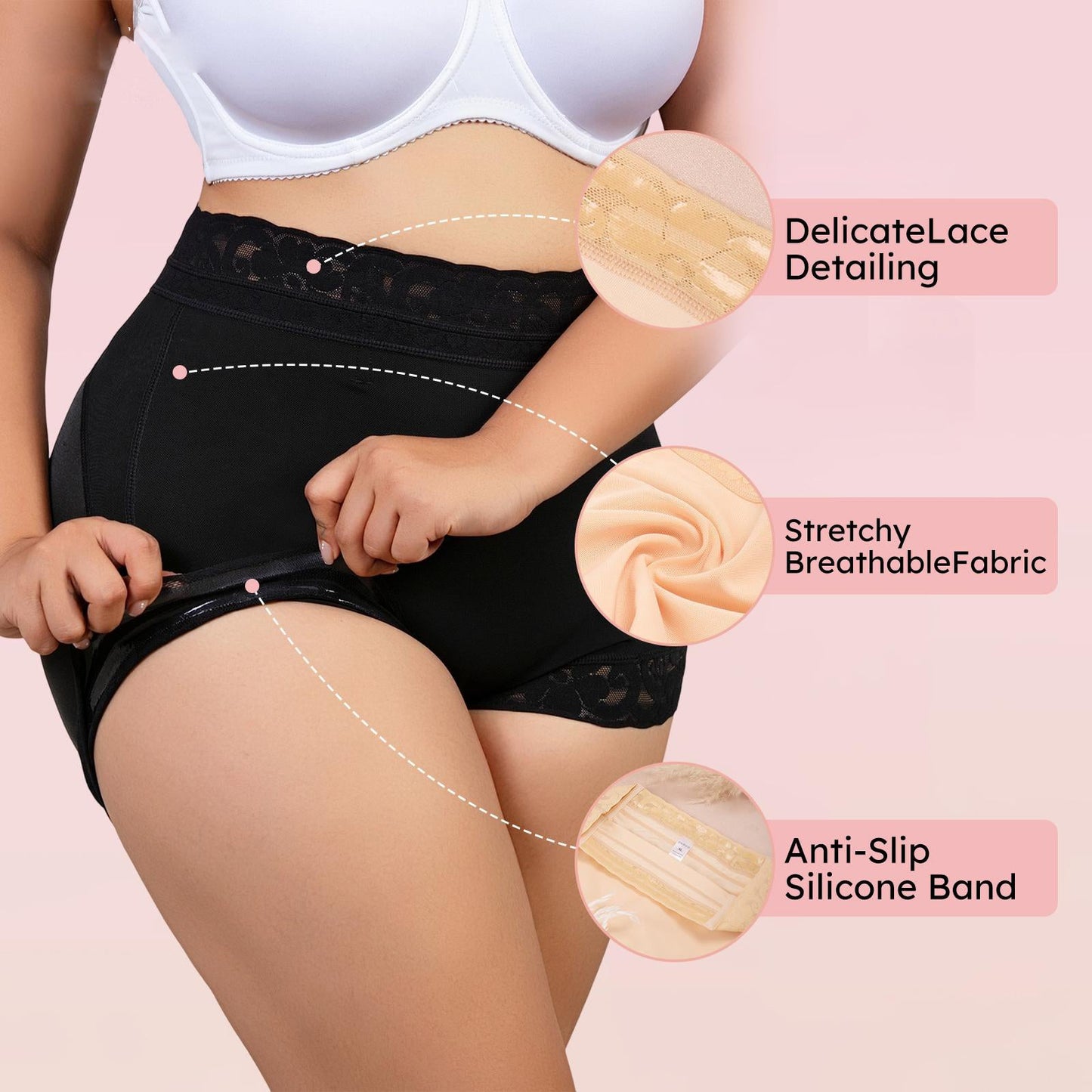 High Waist Tummy Control Shapewear Shorts with Lace & Anti-Slip Band