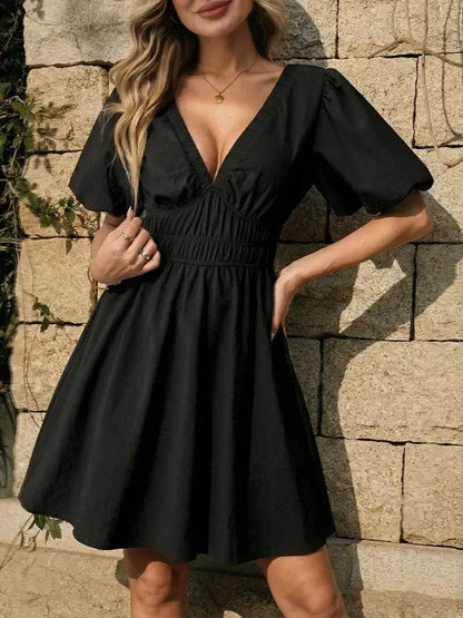 Women's V-Neck Puff Sleeve Smocked Waist Mini Dress