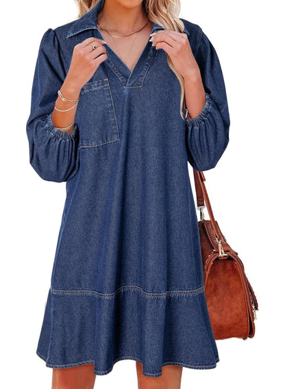 Women's V-neck Puff Sleeve Denim Layered Dress